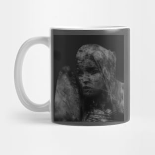 Beautiful girl, warrior with a shield, knight. Dark but beautiful. Gray. Mug